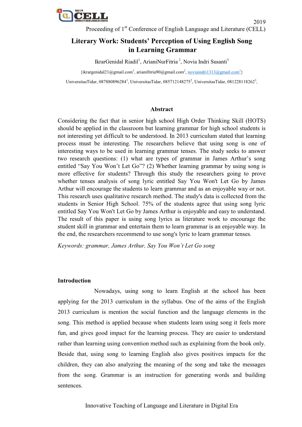 Students' Perception of Using English Song in Learning Grammar