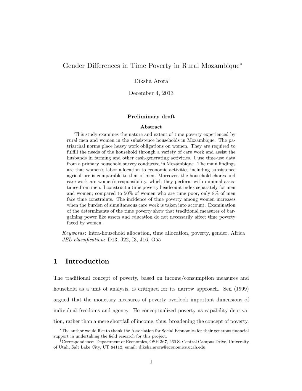 Gender Differences in Time Poverty in Rural Mozambique 1 Introduction