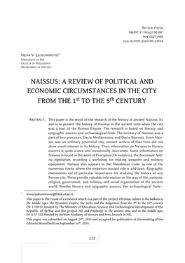 NAISSUS: a REVIEW of POLITICAL and ECONOMIC CIRCUMSTANCES in the CITY from the 1St to the 5Th CENTURY