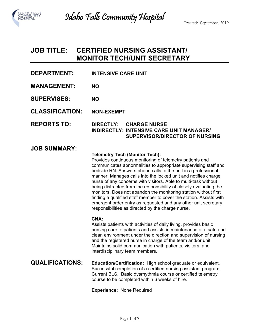 Certified Nursing Assistant/ Monitor Tech/Unit Secretary