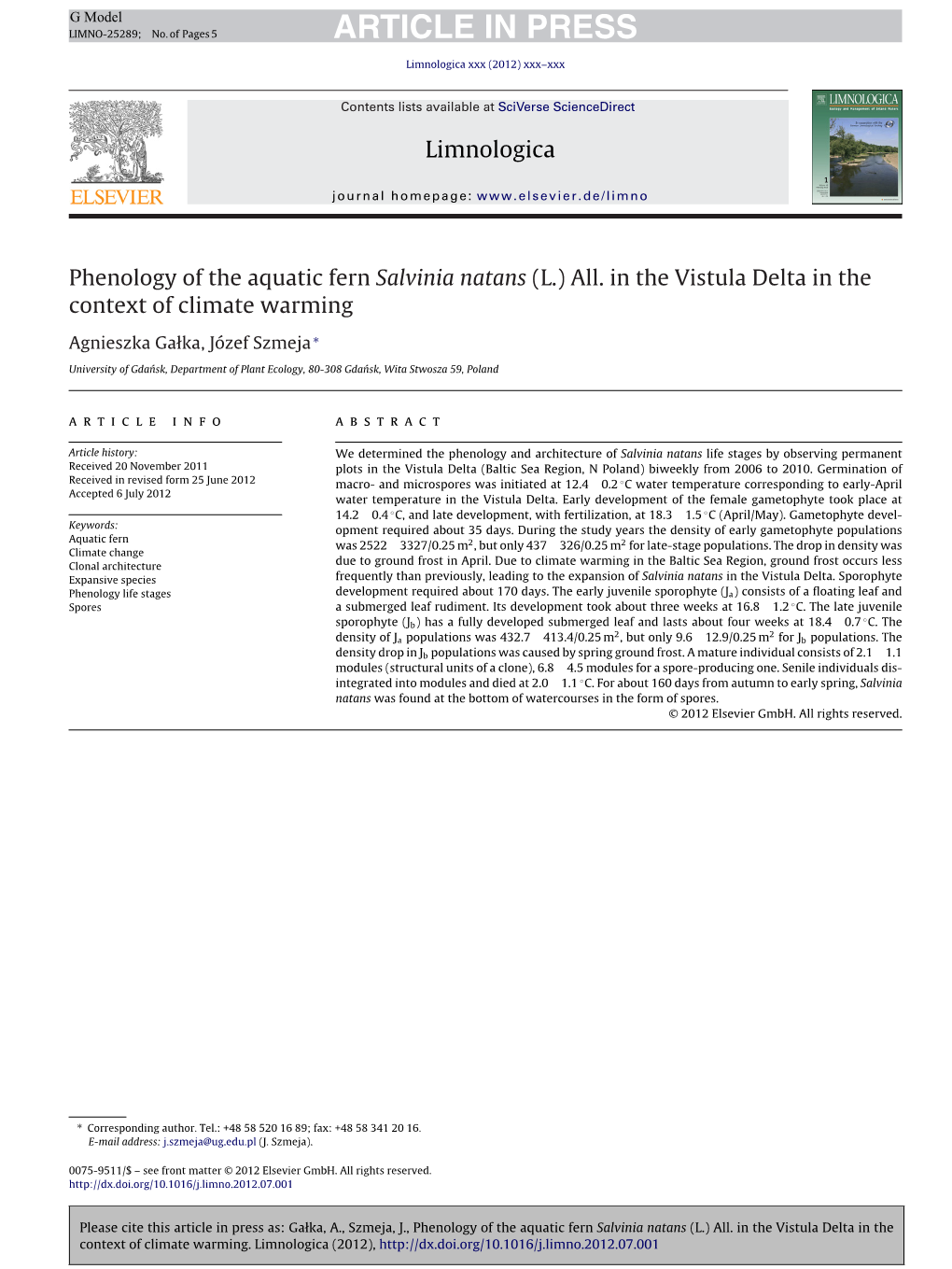 Phenology of the Aquatic Fern Salvinia Natans (L.) All. in the Vistula Delta in The