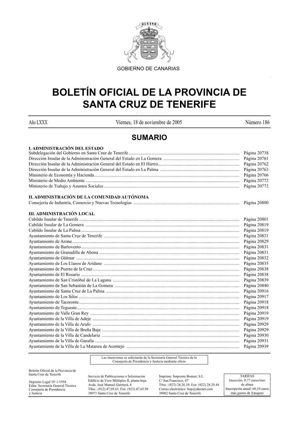 Boletín Oficial De La Provincia De Santa Cruz De Tenerife Servicio De Publicaciones E Información Imprime: Imprenta Bonnet, S.L