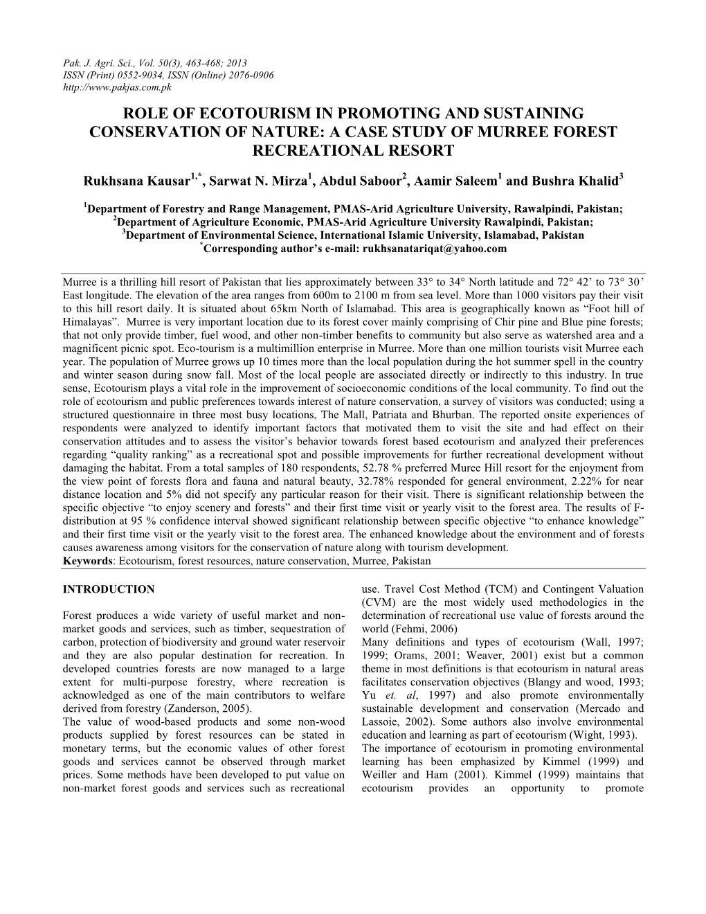 Role of Ecotourism in Promoting and Sustaining Conservation of Nature: a Case Study of Murree Forest Recreational Resort