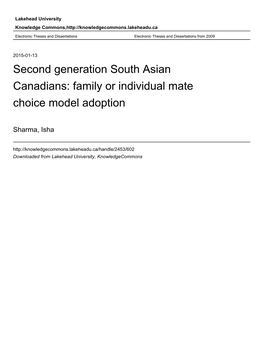 Second Generation South Asian Canadians: Family Or Individual Mate Choice Model Adoption