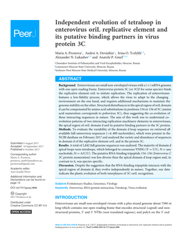 Independent Evolution of Tetraloop in Enterovirus Oril Replicative Element and Its Putative Binding Partners in Virus Protein 3C