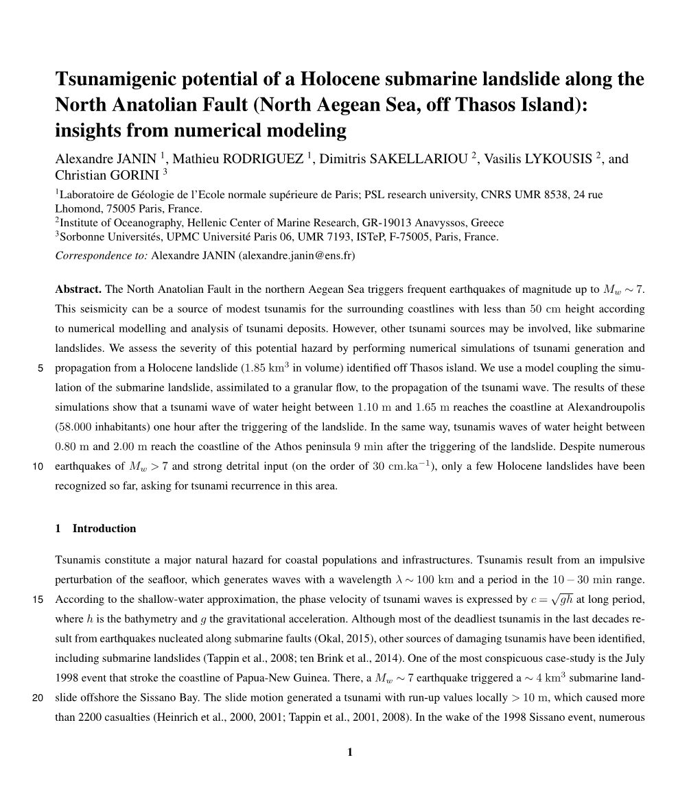 Tsunamigenic Potential of a Holocene Submarine Landslide Along The