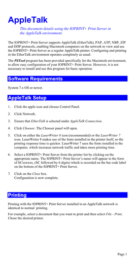 Appletalk This Document Details Using the IOPRINT+ Print Server in the Appletalk Environment