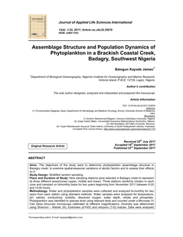 Assemblage Structure and Population Dynamics of Phytoplankton in a Brackish Coastal Creek, Badagry, Southwest Nigeria