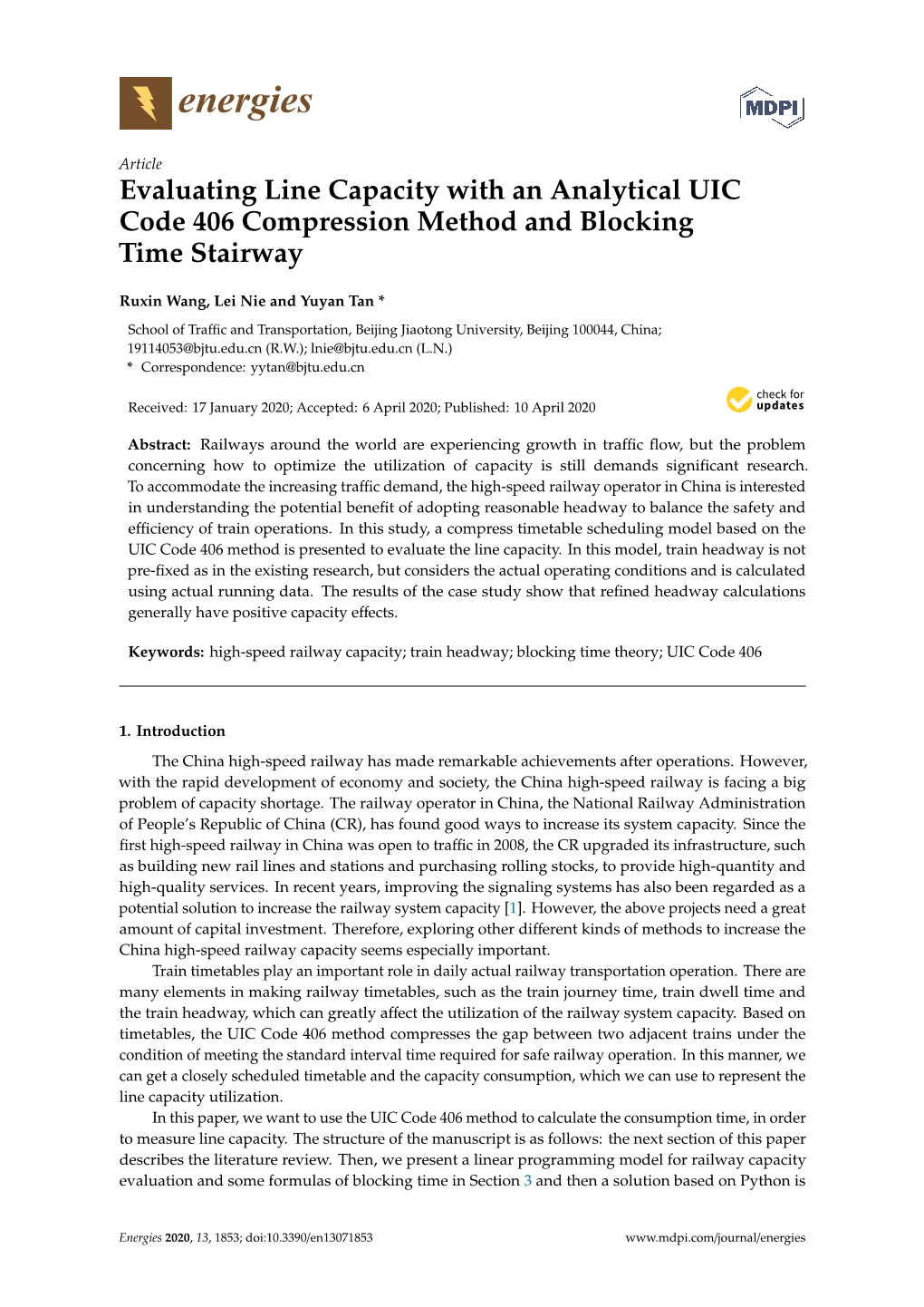 Evaluating Line Capacity with an Analytical UIC Code 406 Compression Method and Blocking Time Stairway