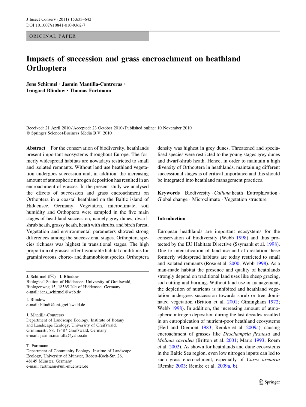 Impacts of Succession and Grass Encroachment on Heathland Orthoptera