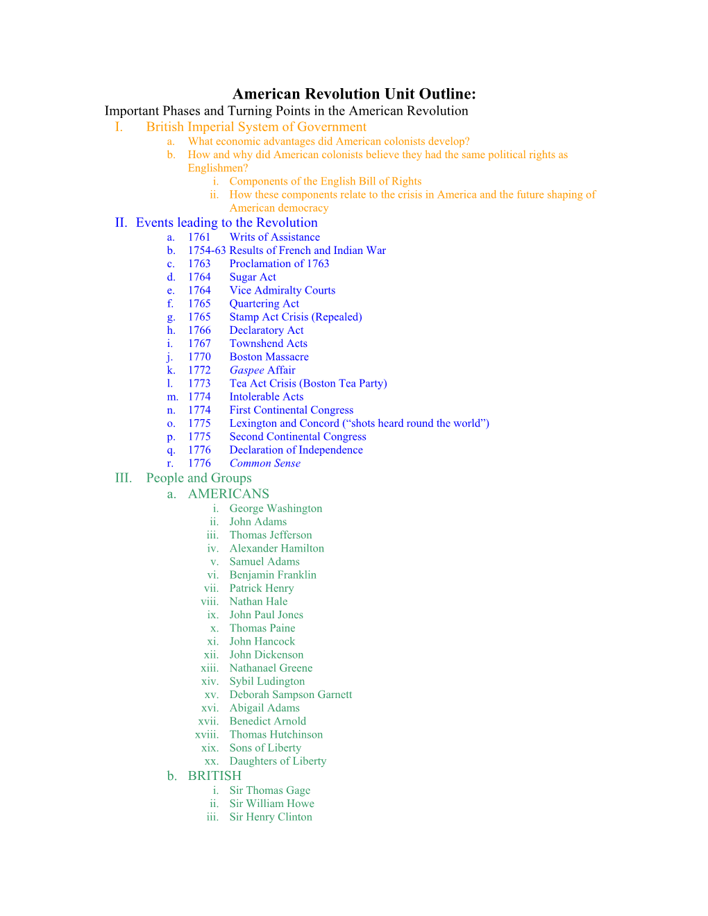 American Revolution Unit Outline: Important Phases and Turning Points in the American Revolution I