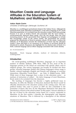 Mauritian Creole and Language Attitudes in the Education System of Multiethnic and Multilingual Mauritius