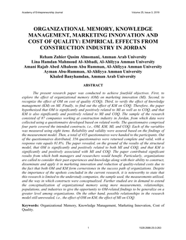 Organizational Memory, Knowledge Management, Marketing Innovation and Cost of Quality: Empirical Effects from Construction Industry in Jordan