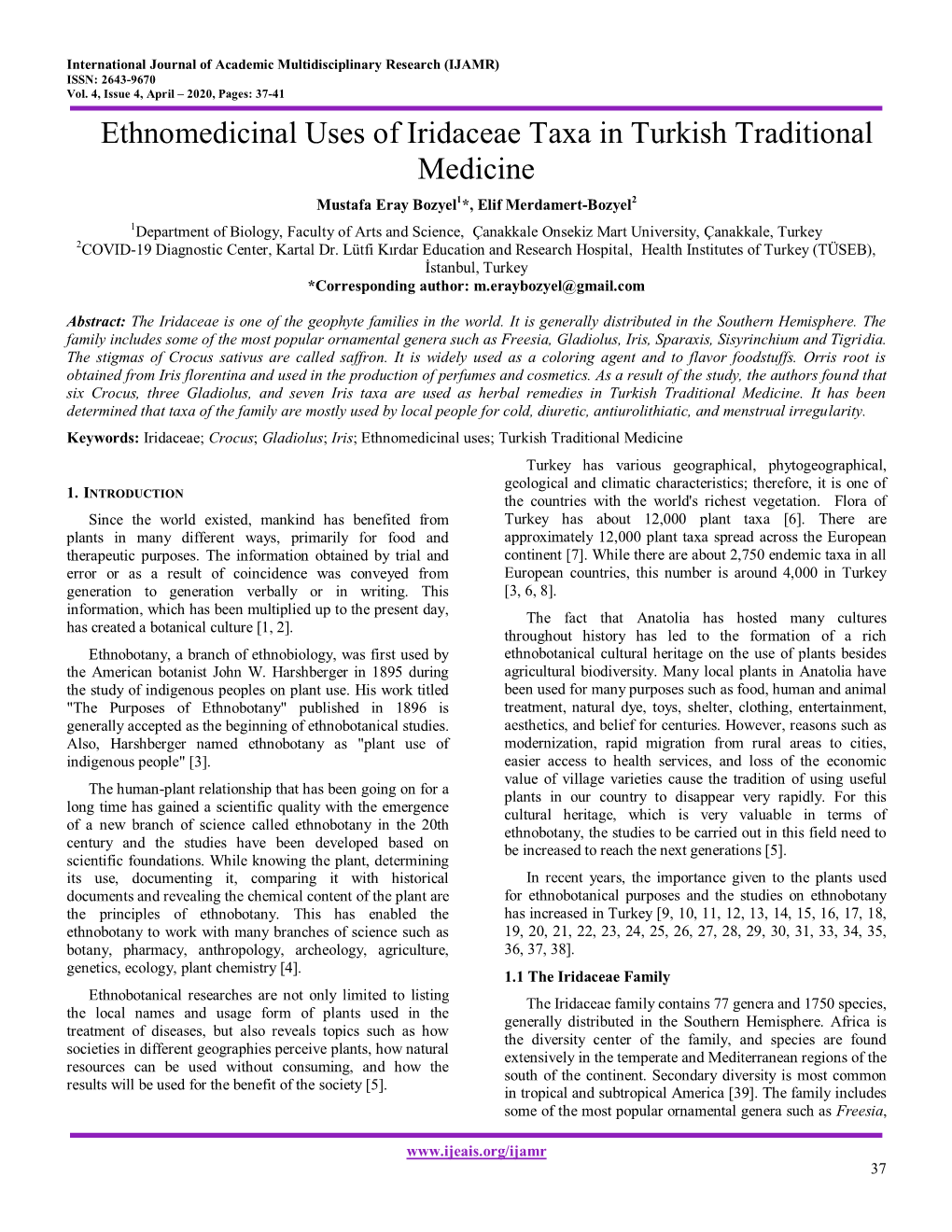 Ethnomedicinal Uses of Iridaceae Taxa in Turkish Traditional Medicine