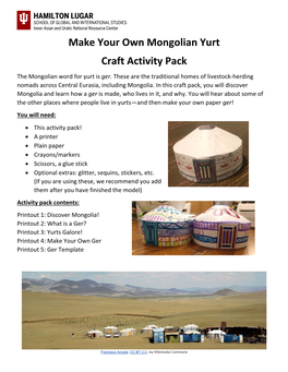 Make Your Own Mongolian Yurt Craft Activity Pack the Mongolian Word for Yurt Is Ger