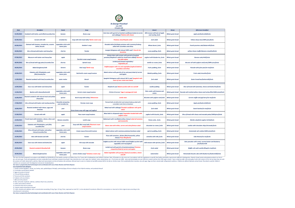 June Menu Kindergarten 3-6 Years