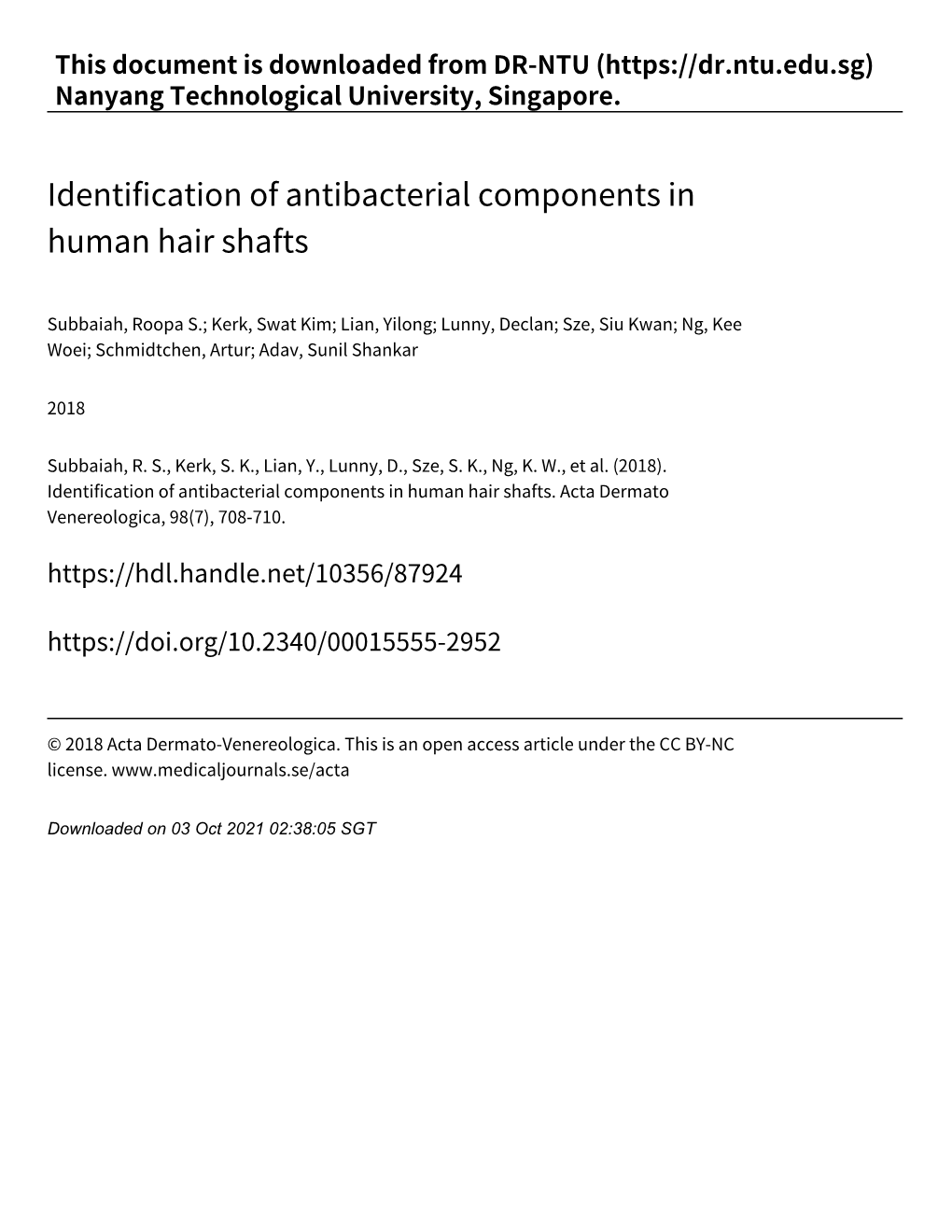 Identification of Antibacterial Components in Human Hair Shafts