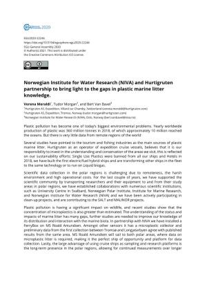 Norwegian Institute for Water Research (NIVA) and Hurtigruten Partnership to Bring Light to the Gaps in Plastic Marine Litter Knowledge