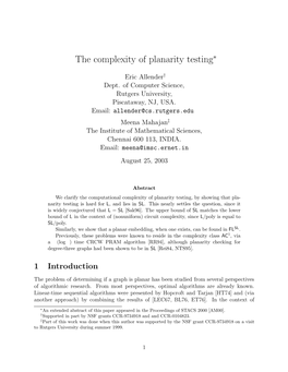 The Complexity of Planarity Testing∗