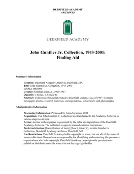 John Gunther Jr. Collection, 1943-2001: Finding Aid