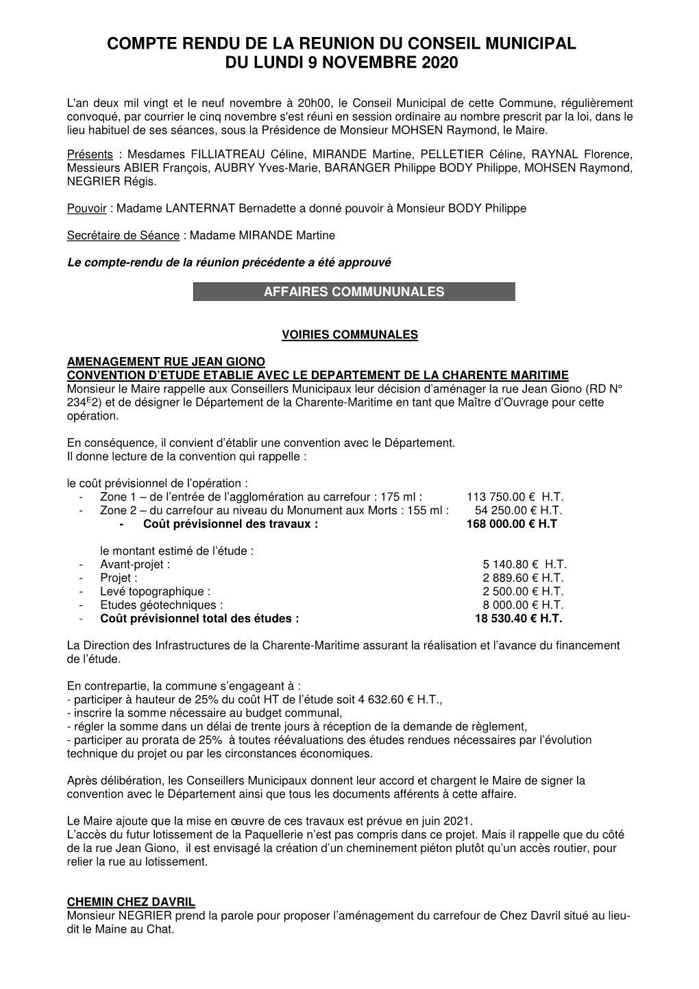 Compte Rendu De La Reunion Du Conseil Municipal Du Lundi 9 Novembre 2020