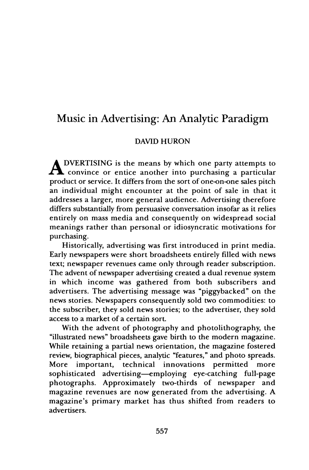 Music in Advertising: an Analytic Paradigm