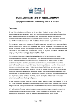 BRUNEL UNIVERSITY LONDON ACCESS AGREEMENT Summary