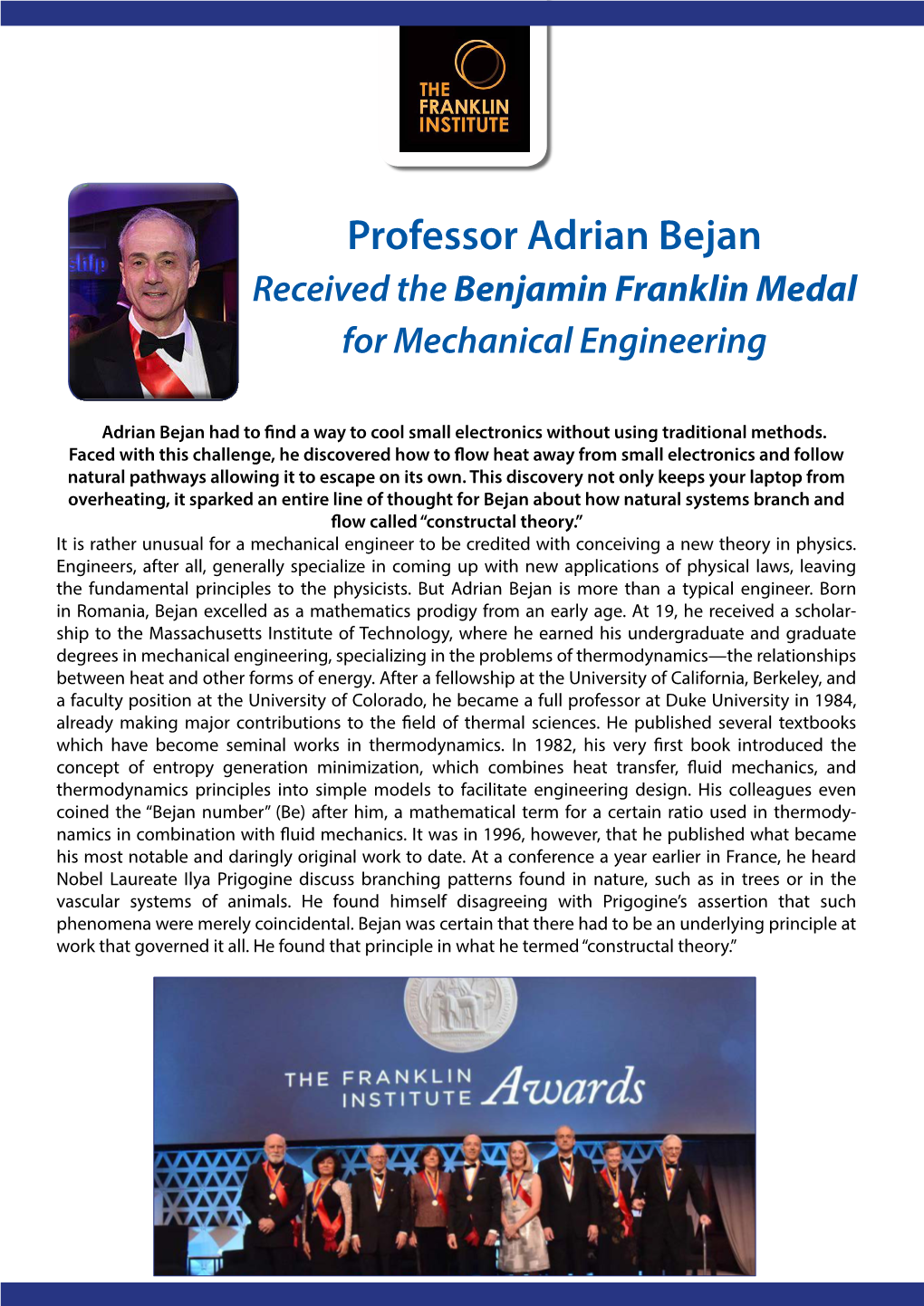 Professor Adrian Bejan Received the Benjamin Franklin Medal for Mechanical Engineering