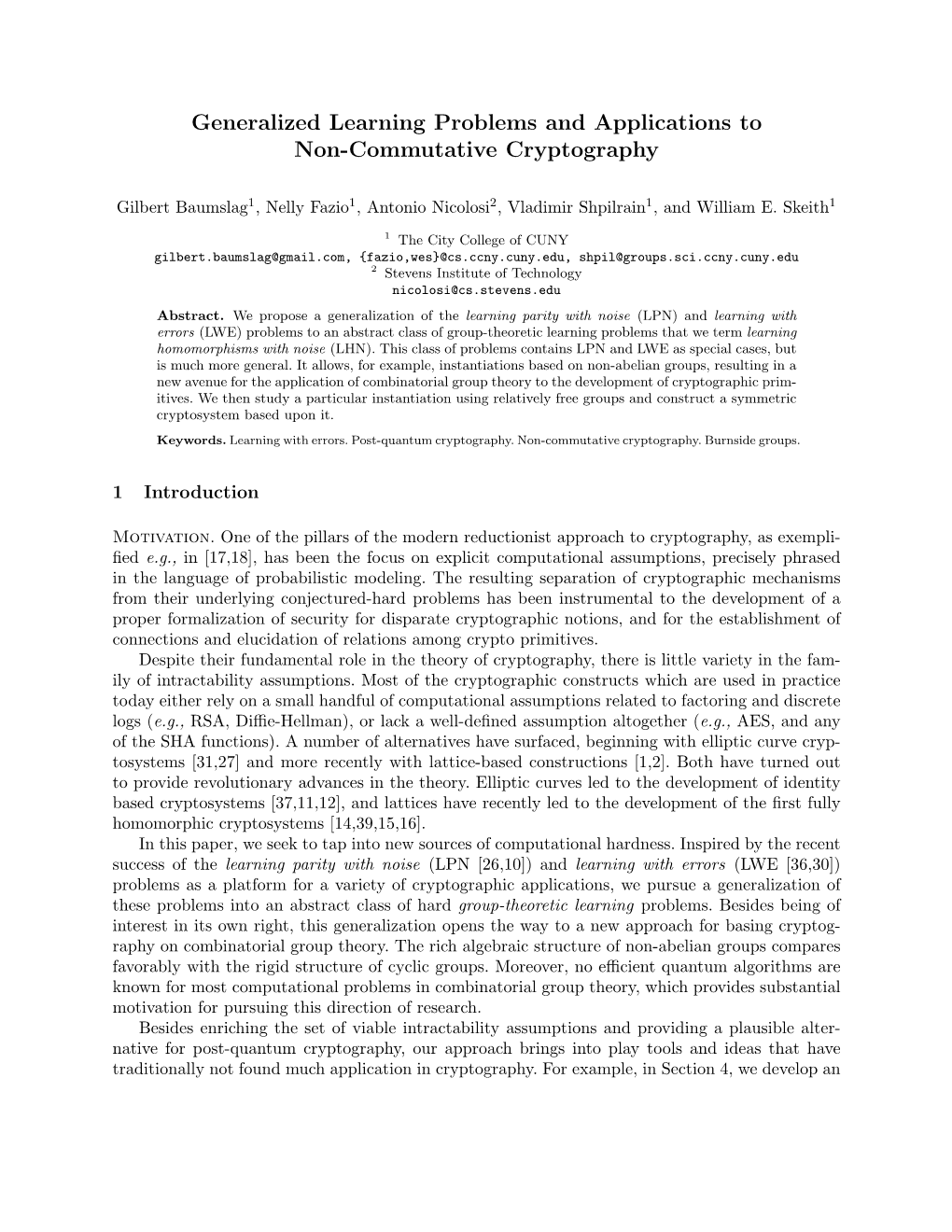 Generalized Learning Problems and Applications to Non-Commutative Cryptography