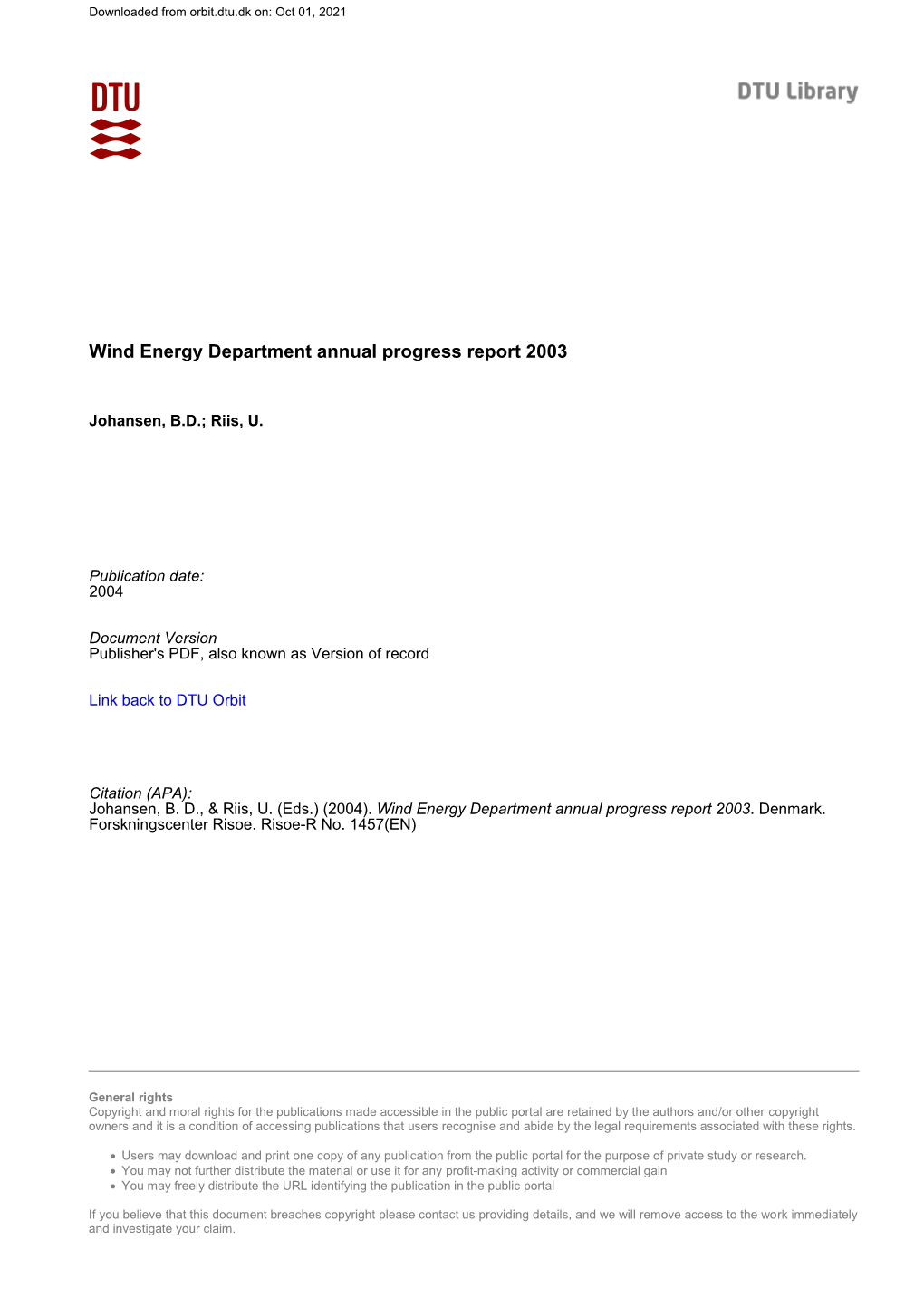 Wind Energy Department Annual Progress Report 2003
