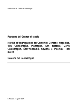 Rapporto Del Gruppo Di Studio Relativo All'aggregazione Dei Comuni Di