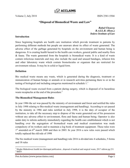 “Disposal of Biomedical Waste and Law”, *Rahul Chourey