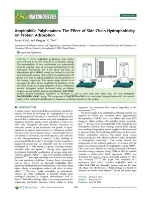 Amphiphilic Polybetaines: the Eﬀect of Side-Chain Hydrophobicity on Protein Adsorption Semra Colak and Gregory N