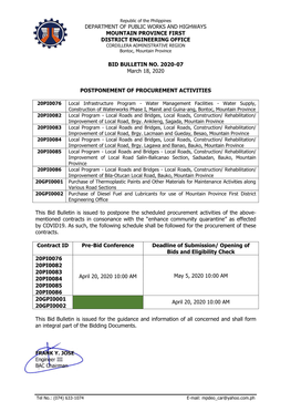 DEPARTMENT of PUBLIC WORKS and HIGHWAYS MOUNTAIN PROVINCE FIRST DISTRICT ENGINEERING OFFICE BID BULLETIN NO. 2020-07 March 18, 2