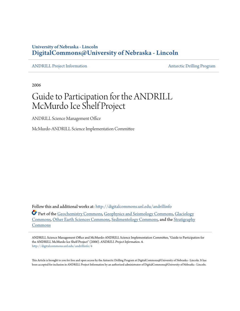 Guide to Participation for the ANDRILL Mcmurdo Ice Shelf Project ANDRILL Science Management Office