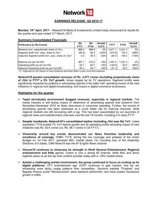 Q4 2016-17 Summary Consolidated Financials Highlights for the Quarter