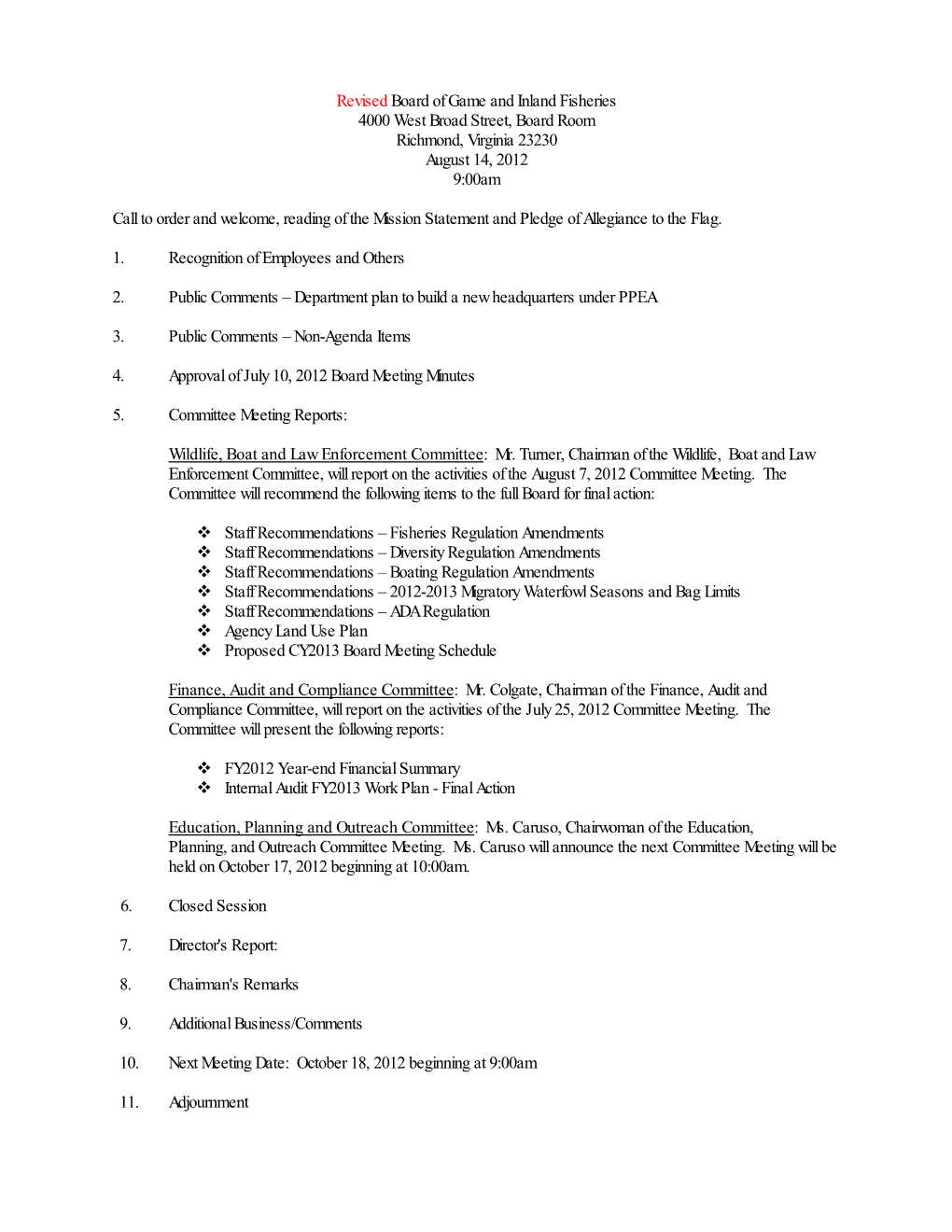 Board of Game and Inland Fisheries Meeting Agenda