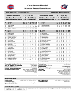 Canadiens De Montréal Notes De Presse/Game Notes