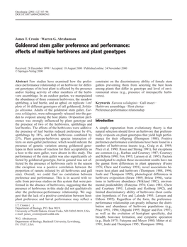 Goldenrod Stem Galler Preference and Performance: Effects of Multiple Herbivores and Plant Genotypes