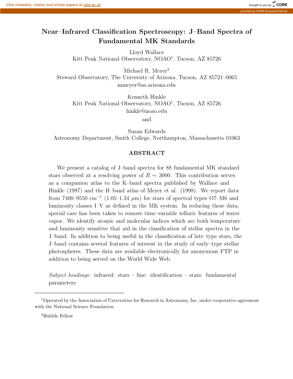 Near–Infrared Classification Spectroscopy: J–Band Spectra Of