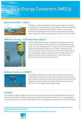 Aquamarine Power – Oyster* Biopower Systems – Biowave
