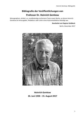 Bibliografie Der Veröffentlichungen Von Professor Dr. Heinrich Gemkow