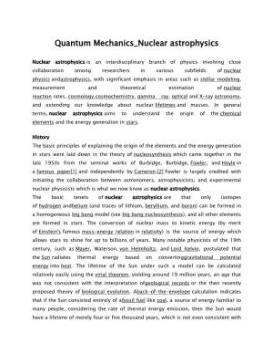 Quantum Mechanics Nuclear Astrophysics