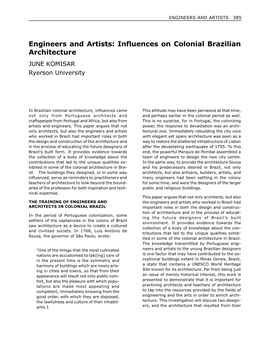 Engineers and Artists: Influences on Colonial Brazilian Architecture JUNE KOMISAR Ryerson University