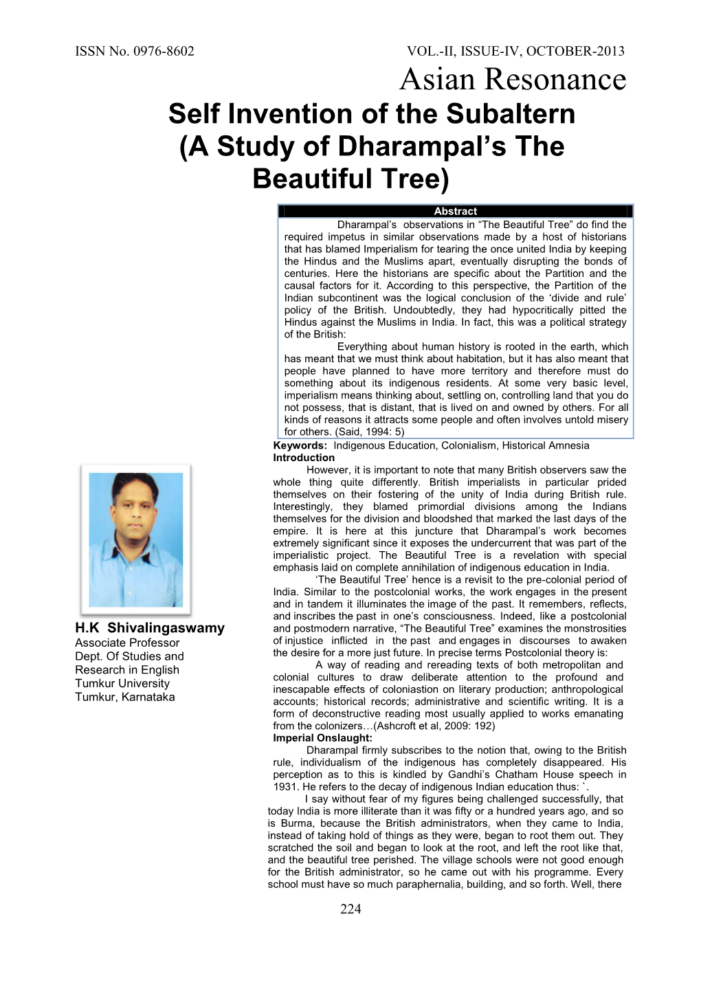 A Study of Dharampal's the Beautiful Tree