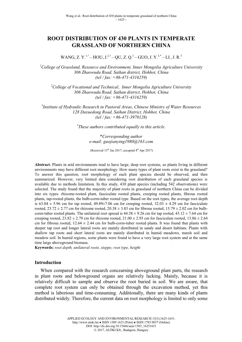 Root Distribution of 430 Plants in Temperate Grassland of Northern China - 1625