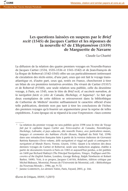 (1545) De Jacques Cartier Et Les Réponses De La Nouvelle 67 De L’Heptaméron (1559) De Marguerite De Navarre Claude La Charité