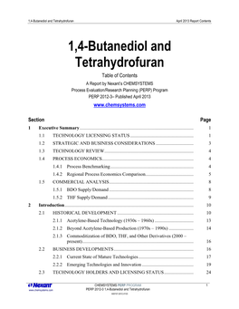 1,4-Butanediol and Tetrahydrofuran April 2013 Report Contents