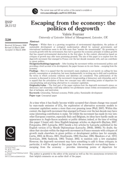 Escaping from the Economy: the Politics of Degrowth