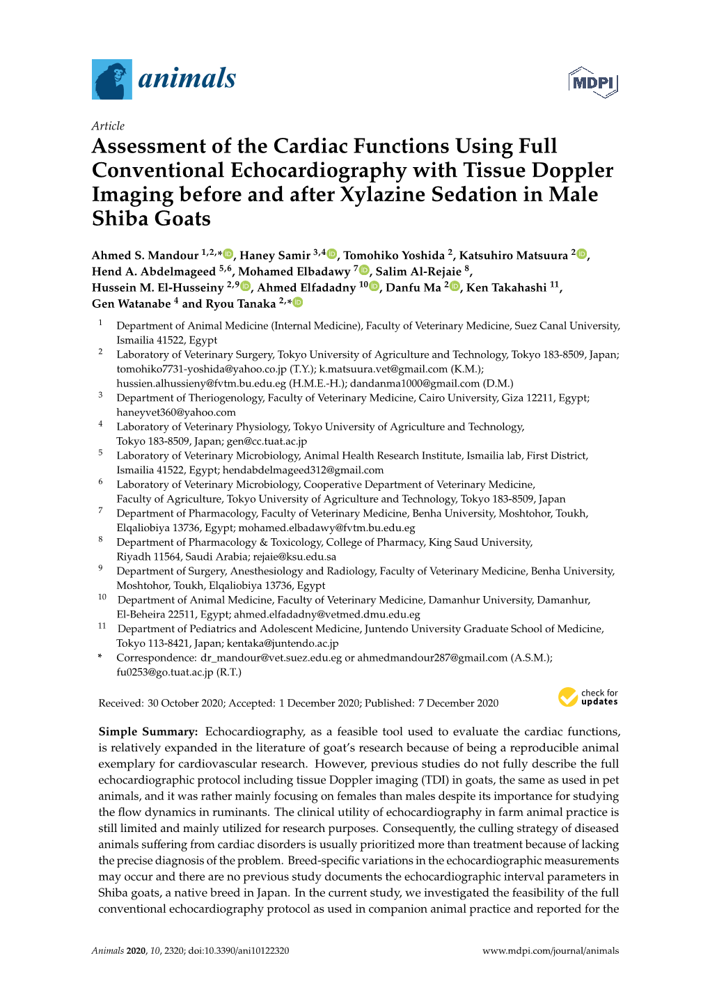 Assessment of the Cardiac Functions Using Full Conventional Echocardiography with Tissue Doppler Imaging Before and After Xylazine Sedation in Male Shiba Goats